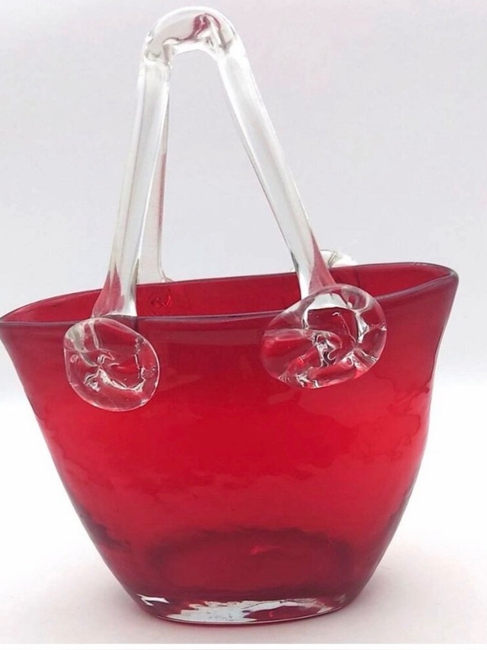 Vintage Handblown Ruby Red Art Glass Purse Clear Applied Handles Design Society